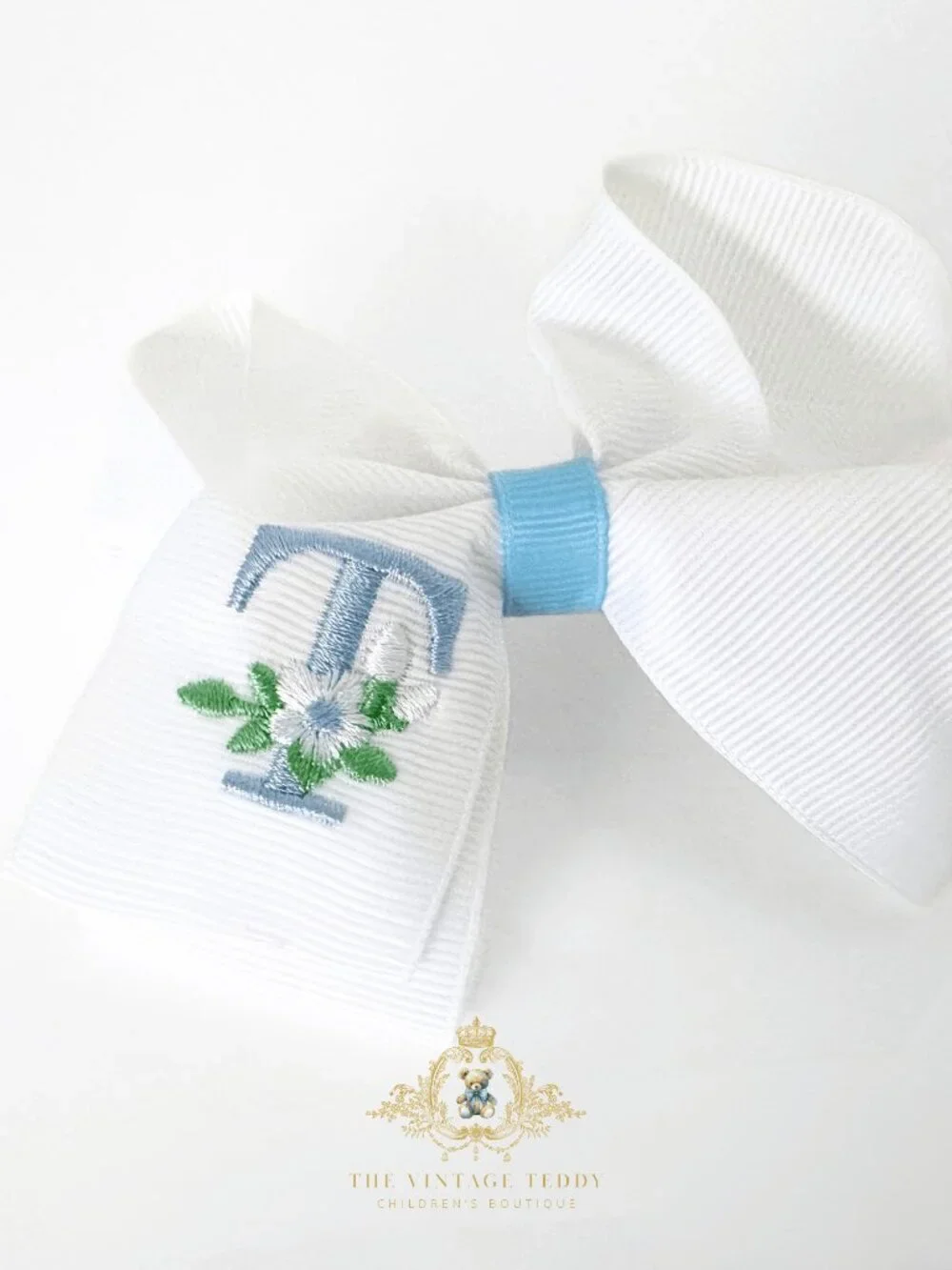 NWT Pretty Girls Hair Bows Floral Embroidered Grosgrain Ribbon Letter T Set of 2